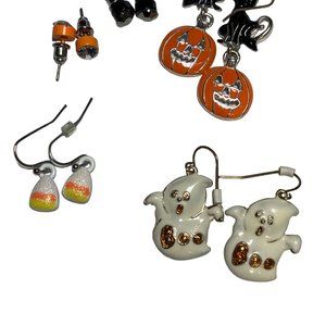 5 Pairs of Halloween Earrings- Ghost, Candy Corn, pumpkins, Cats